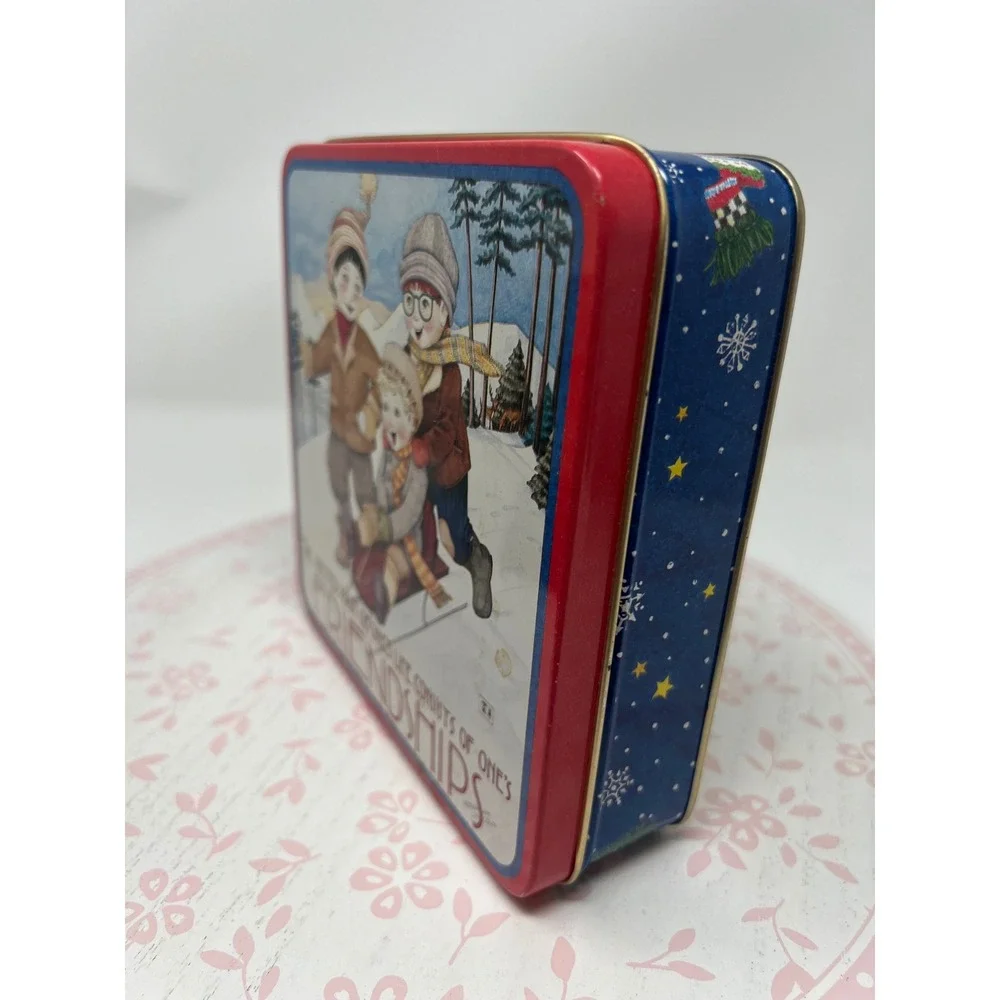 MARY ENGELBREIT Decorative Tin Blue Red Friendship Sledding Winter Scene Box